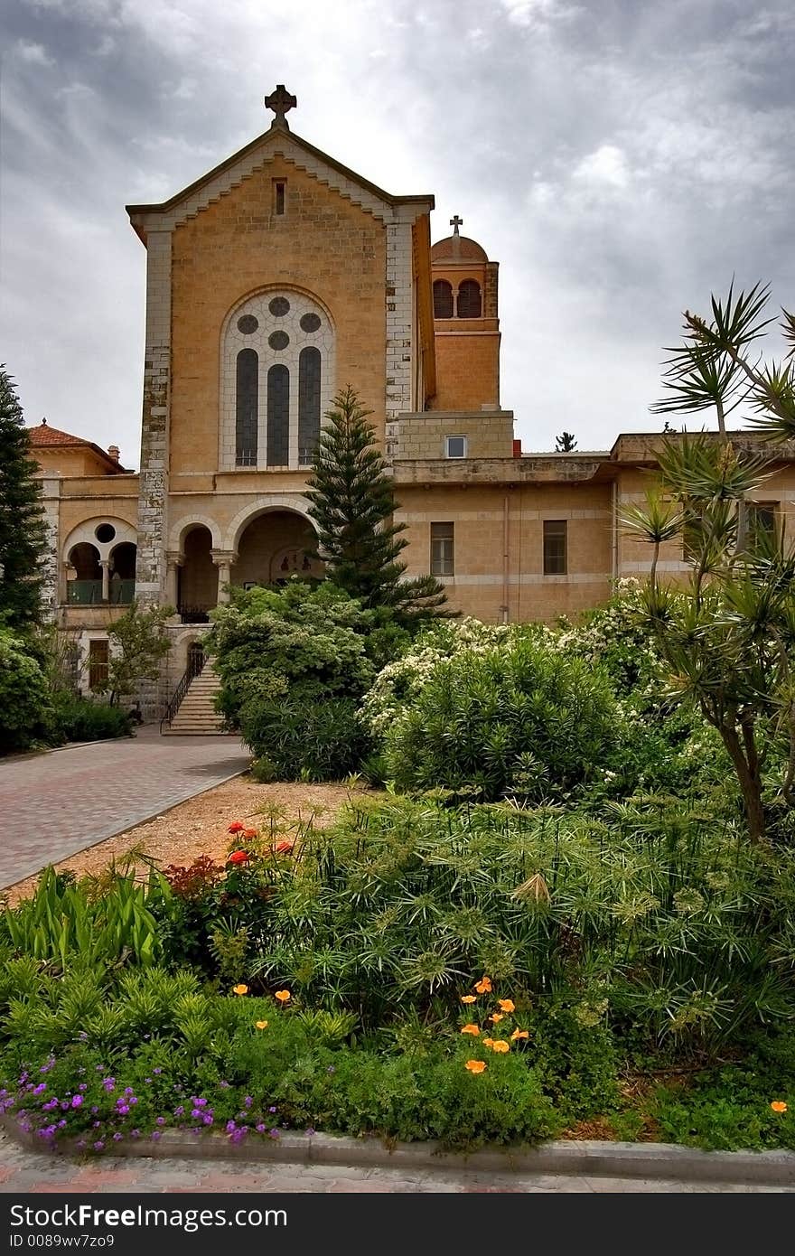 Beautiful monastery on cloudy sky background. Beautiful monastery on cloudy sky background