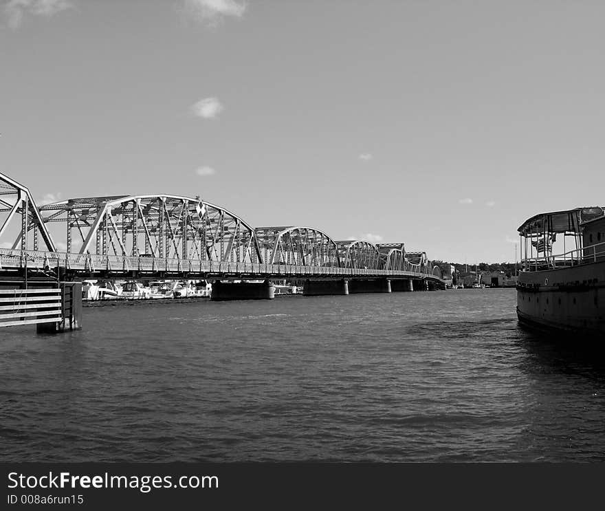 Old style steel girder bridge in Door County, Wisconsin in Black and White. Old style steel girder bridge in Door County, Wisconsin in Black and White