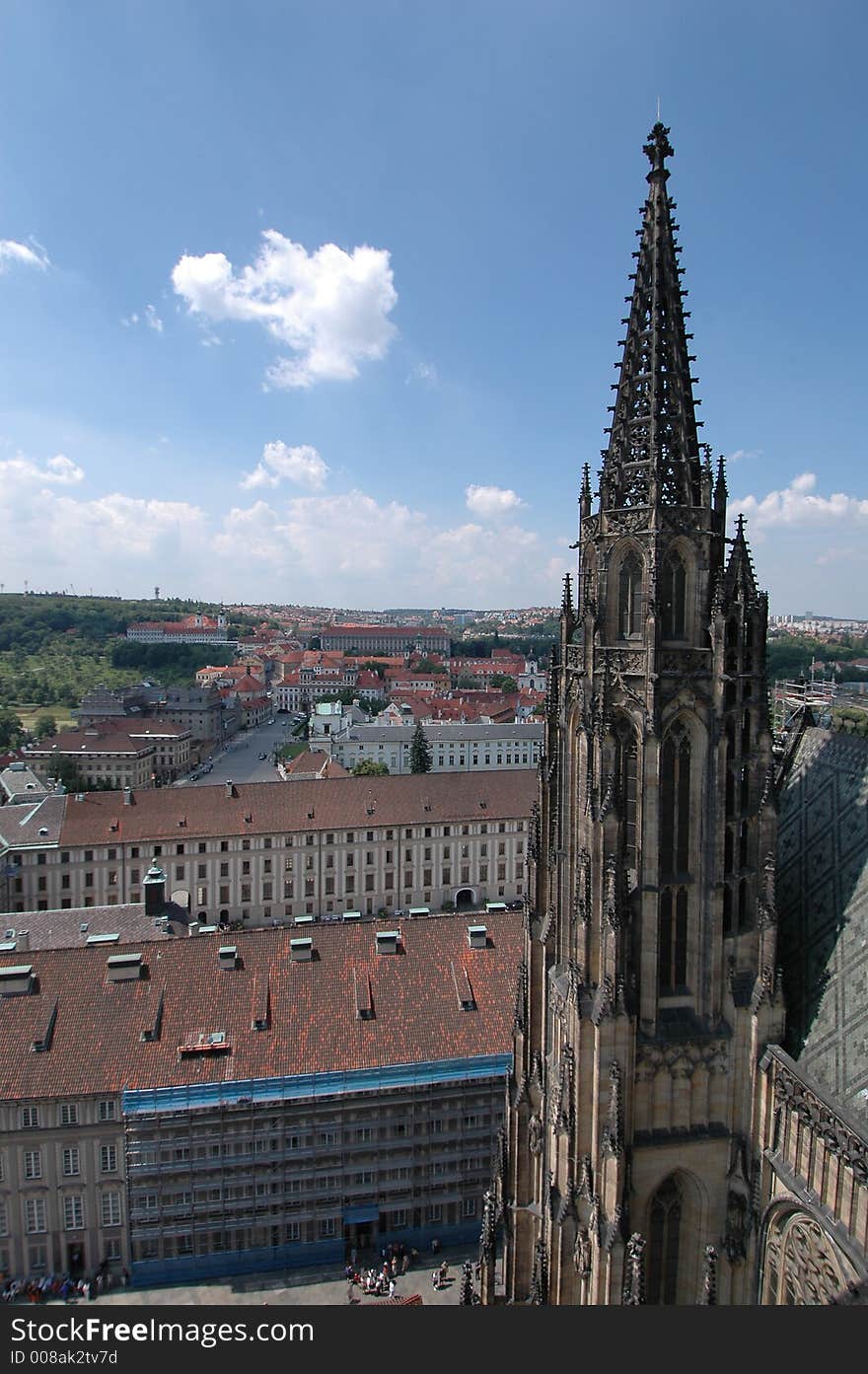 View from the Prague Castle in the Czech Republic with the cathedral tower in the foreground. View from the Prague Castle in the Czech Republic with the cathedral tower in the foreground