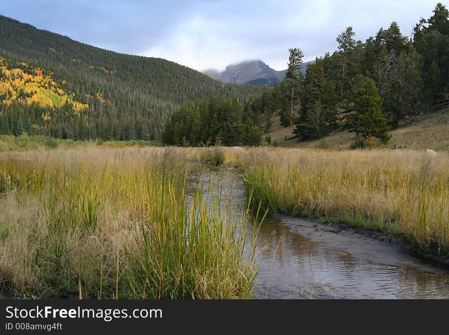 Meadow with stream below mountain