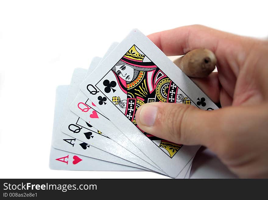 Hand with  playing cards on white. Hand with  playing cards on white