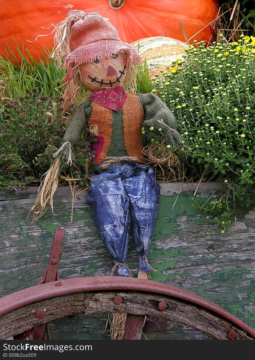 Decorative scarescrow, portrait orientation, sitting on an old wagon. Decorative scarescrow, portrait orientation, sitting on an old wagon.