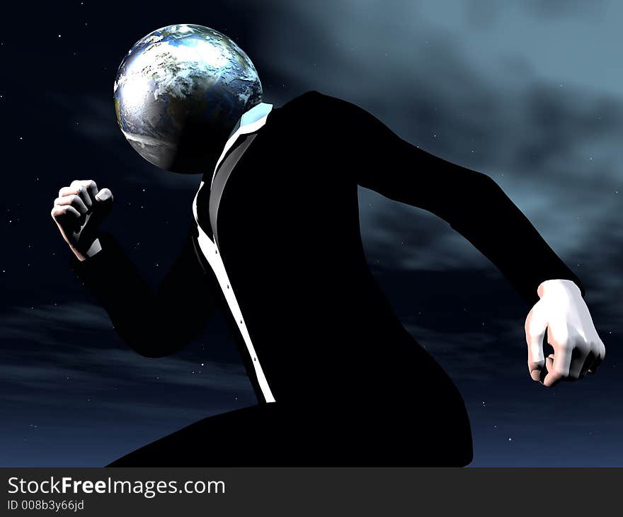 A conceptual image of a running person with his head replaced with the earth. A conceptual image of a running person with his head replaced with the earth.