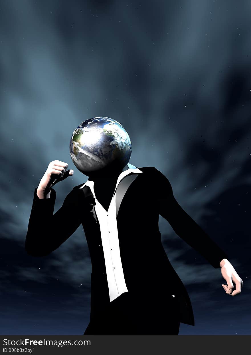 A conceptual image of a running person with his head replaced with the earth. A conceptual image of a running person with his head replaced with the earth.