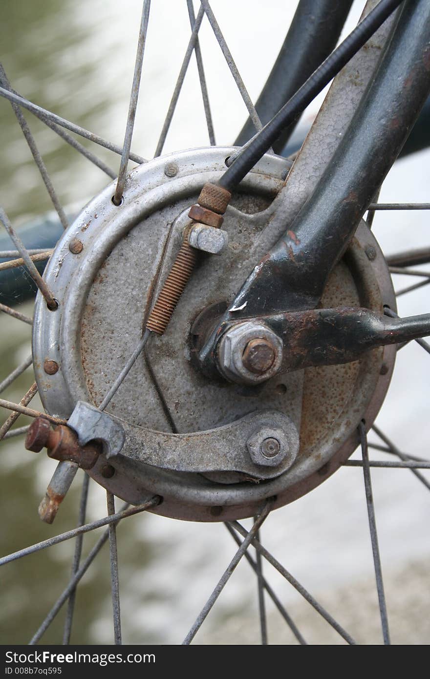 Front wheel brake mechanism on the bike. Front wheel brake mechanism on the bike