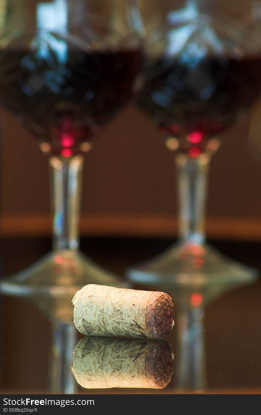 Cork with Reflection and Two Glasses. Cork with Reflection and Two Glasses