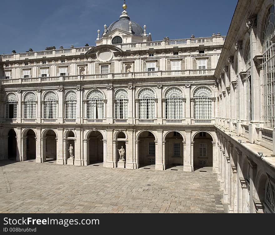 A view of the inner courtyard at the Royal Palace or Palacio Real in Madrid