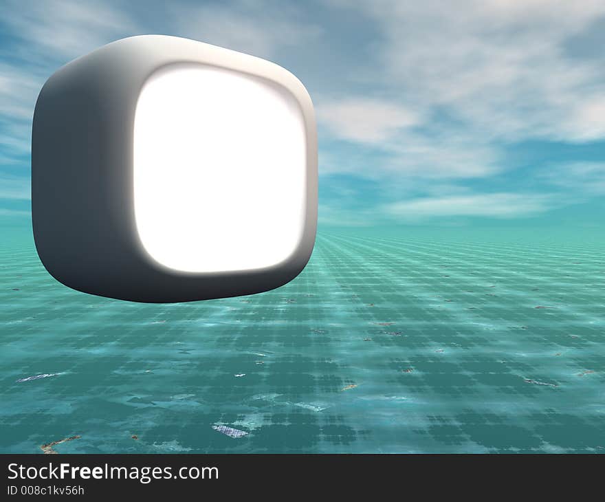 Square Monitor suspended above a grunge grid horizon. Square Monitor suspended above a grunge grid horizon.