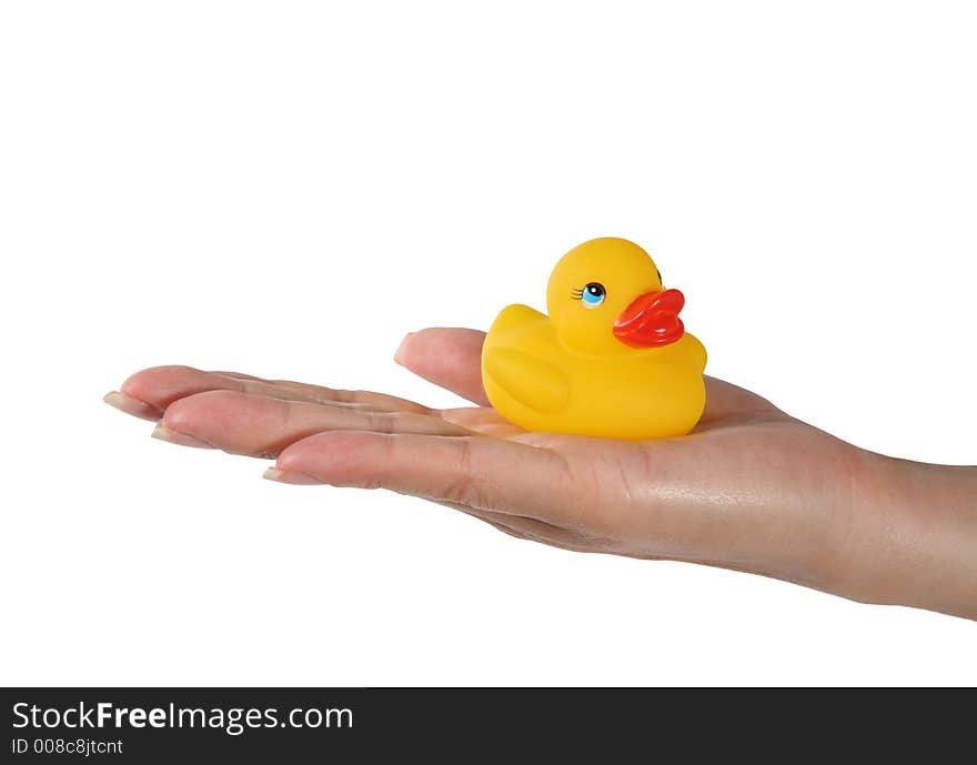 A woman holding a cute yellow plastic duck