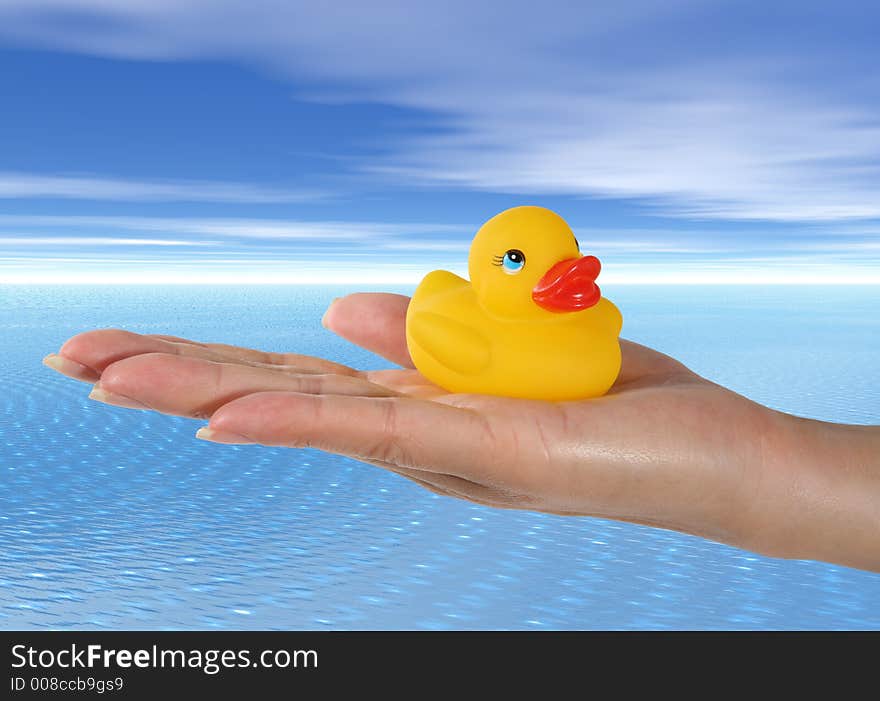 A woman holding a cute yellow plastic duck