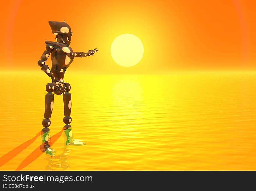 A beautiful sunset colourful sky and water with robot. A beautiful sunset colourful sky and water with robot