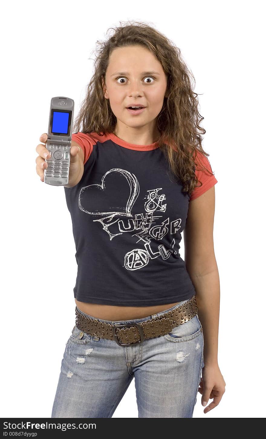 Female teenager showing phones  screen