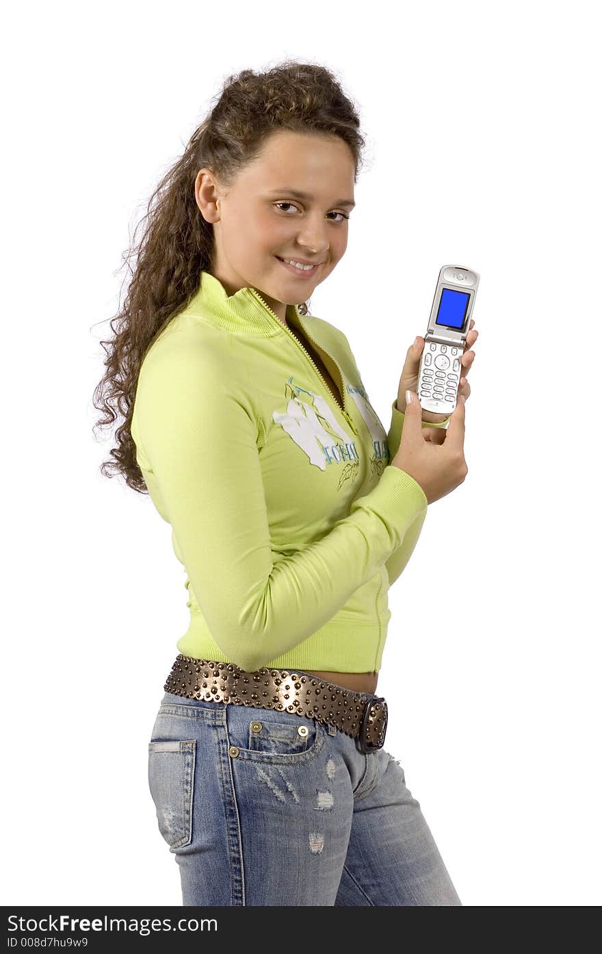 Isolated on white female teenager showing phones' screen