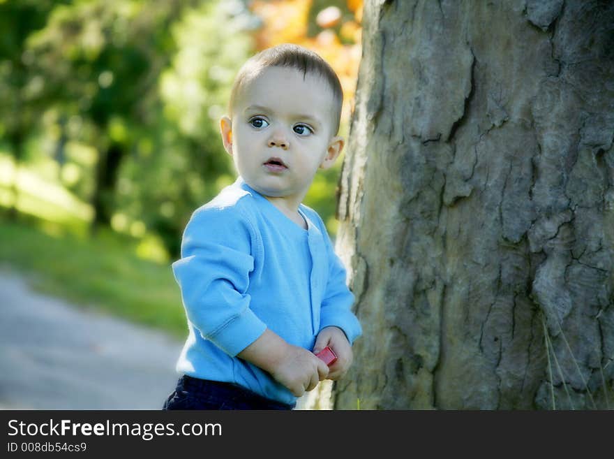 Adorable little boy playing in a park. Adorable little boy playing in a park