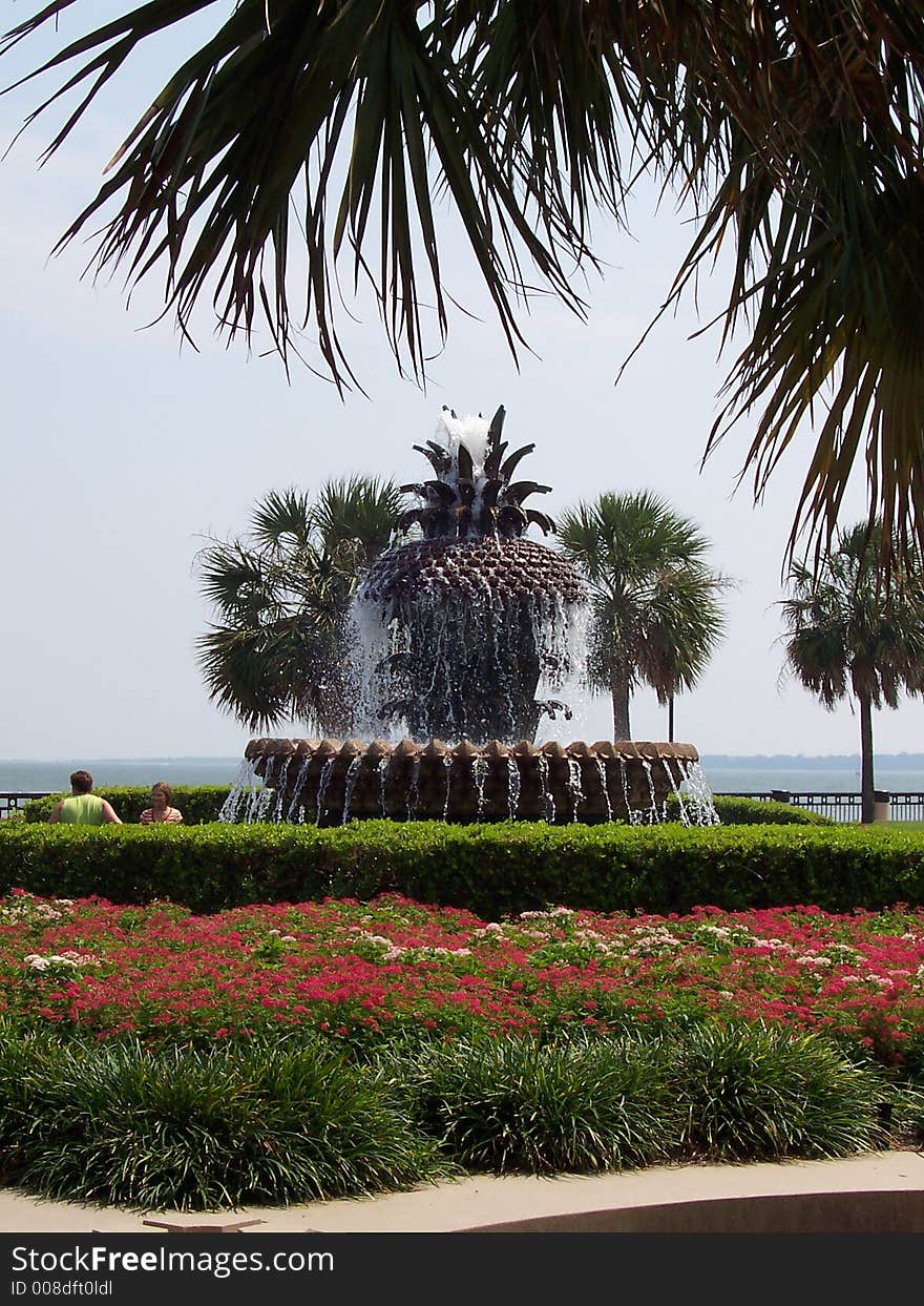 Fountain w/ flowers in foreground