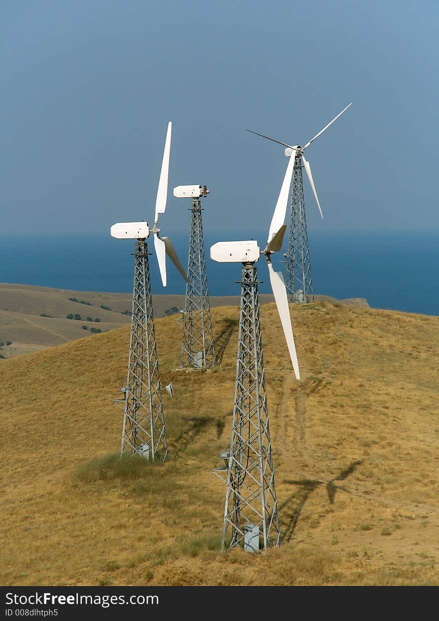 Aeromotors on coast of sea