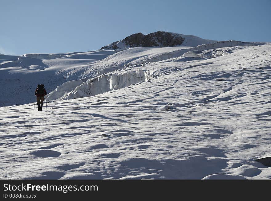 Climber going ap on the glacier for Cordillera Blanca. Climber going ap on the glacier for Cordillera Blanca