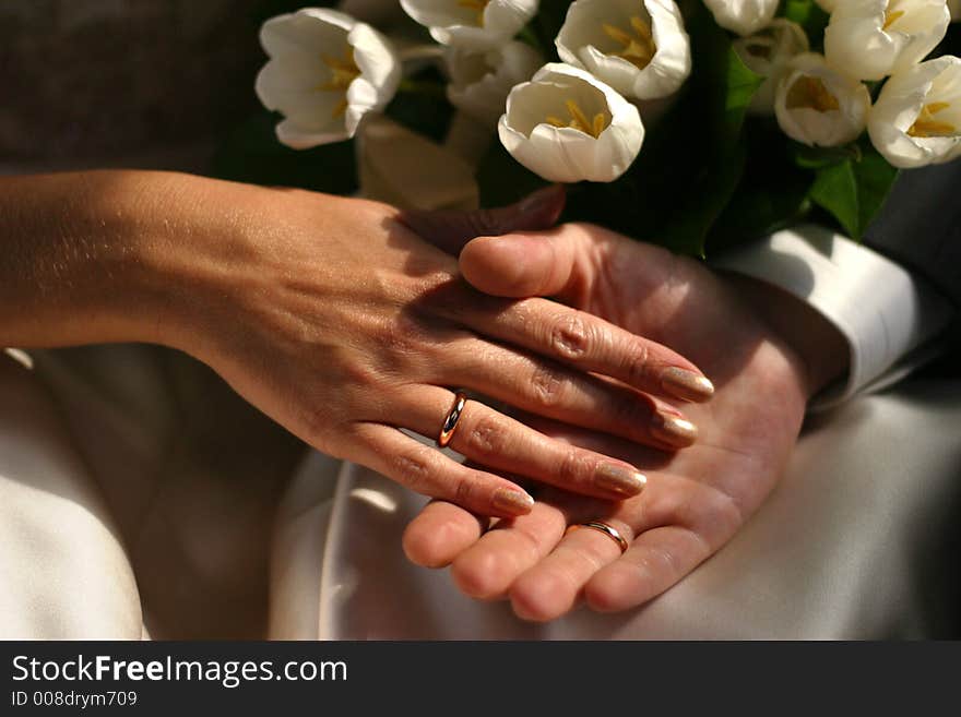 The groom keep the bride for hands. The groom keep the bride for hands