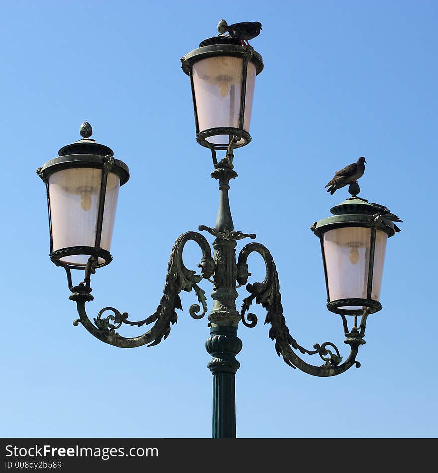 Lamppost and pigeons.