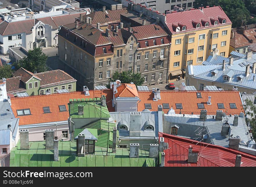 Bird's-eye view of colorful roofs of tallinn, estonia