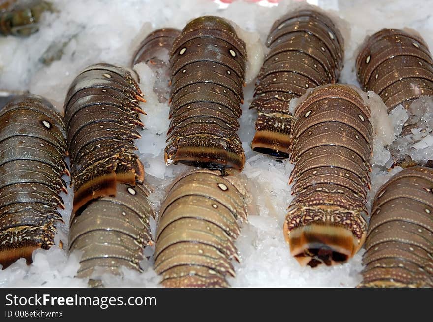 Fresh lobster tails on ice at the market