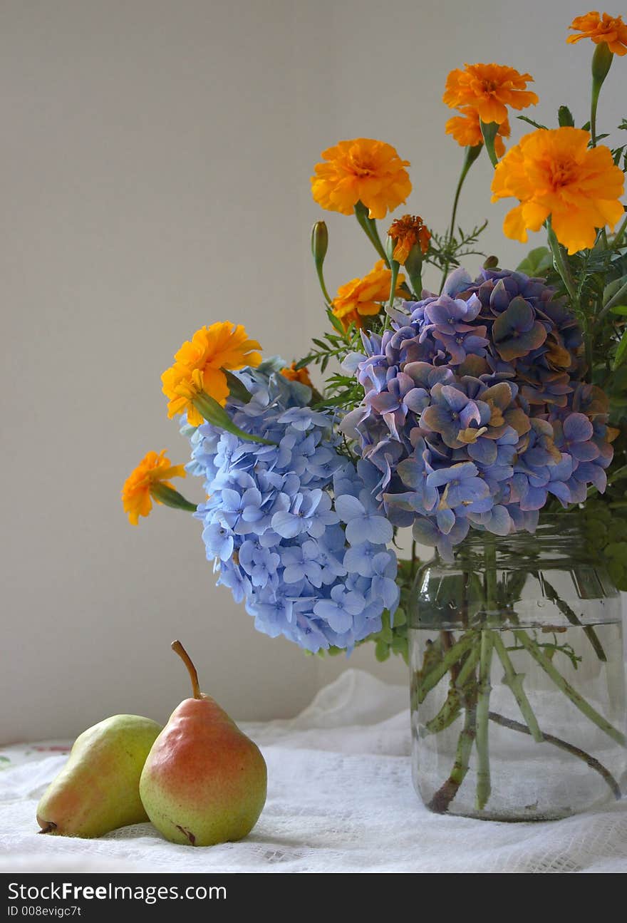 Hydrangeas, pears, jar, water, flowers. Hydrangeas, pears, jar, water, flowers