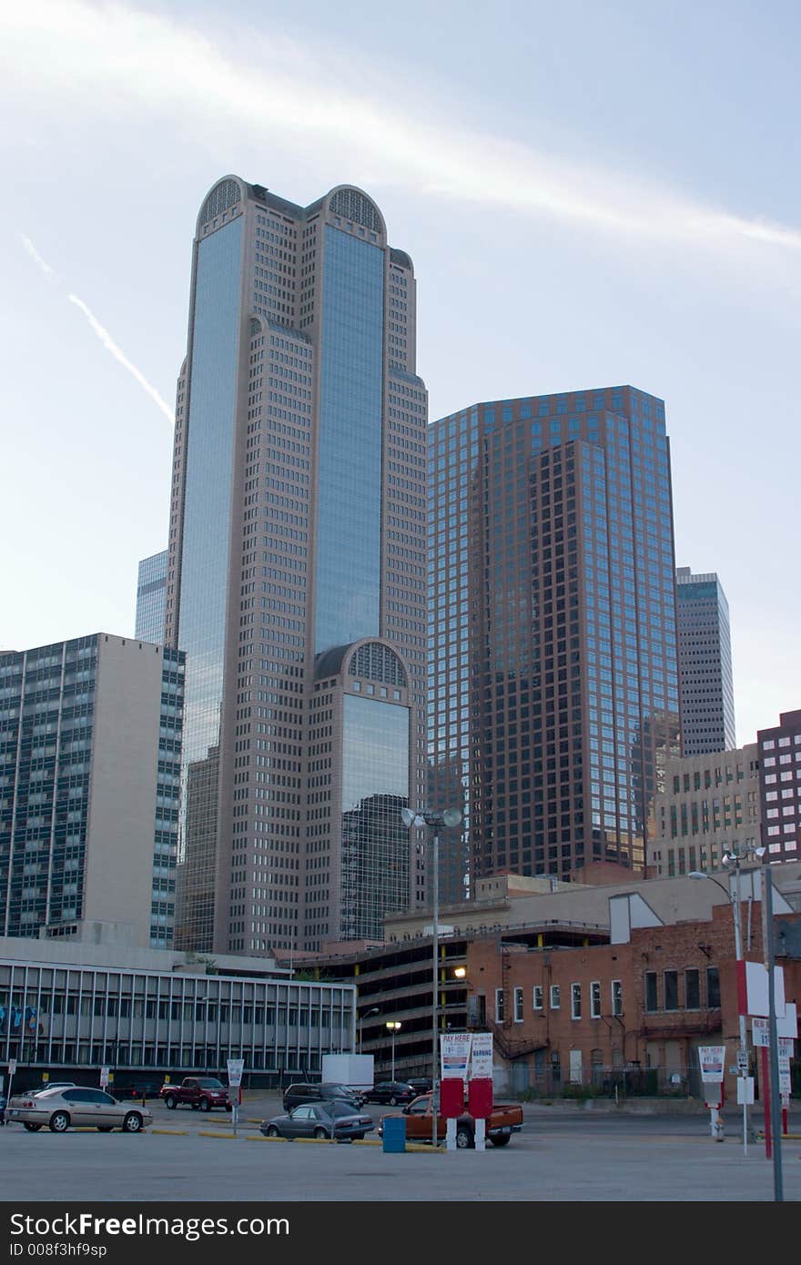 Towering city skyscrapers in an urban landscape.