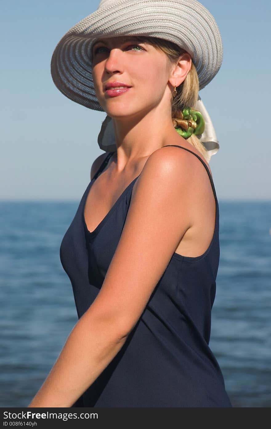 Lady in a dark blue dress and a hat. Lady in a dark blue dress and a hat