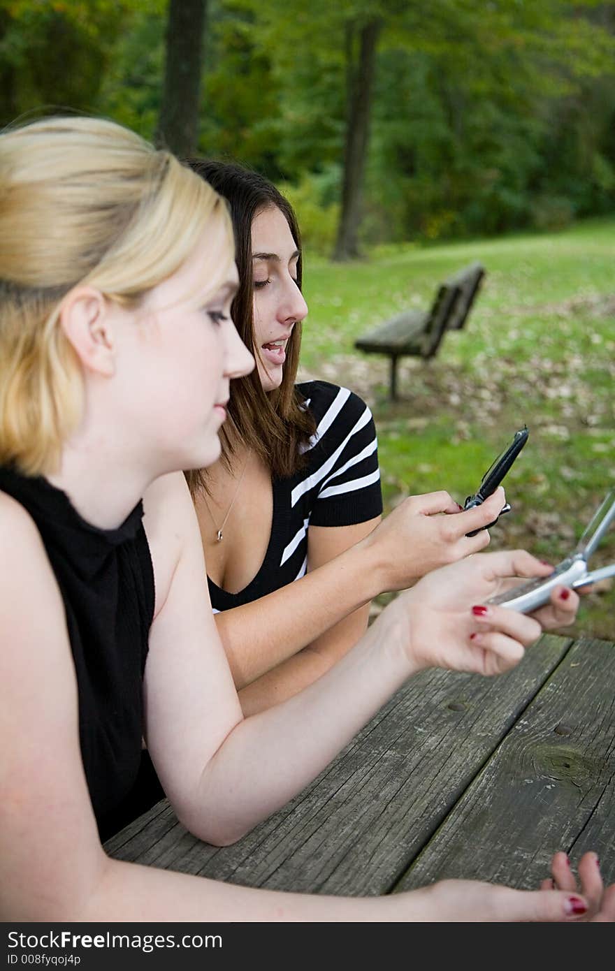 Friends on Cell Phone together (Beautiful Young Blonde and Brune