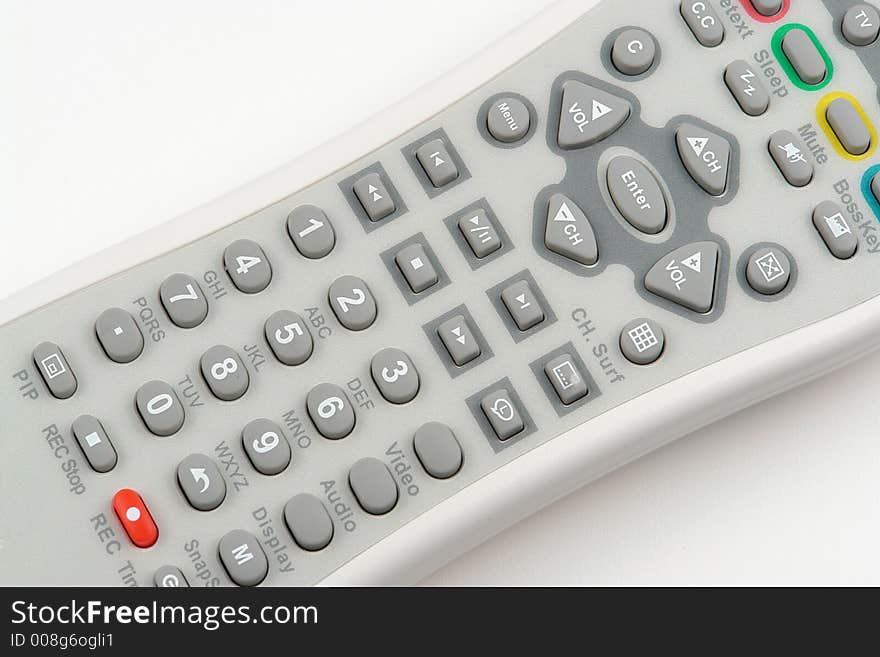 White remote control with grey and red buttons