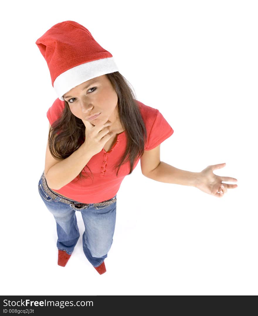 Isolated on white young and attractive female Santa thinking