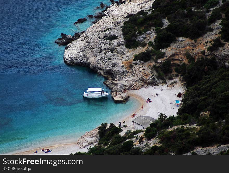 Sea beach, people and boat. Sea beach, people and boat