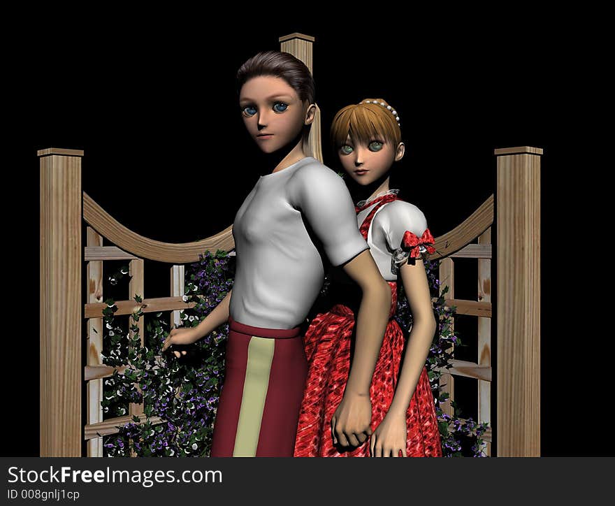 Young lovers in a Garden Trellis, 3d models, computer generated. Young lovers in a Garden Trellis, 3d models, computer generated