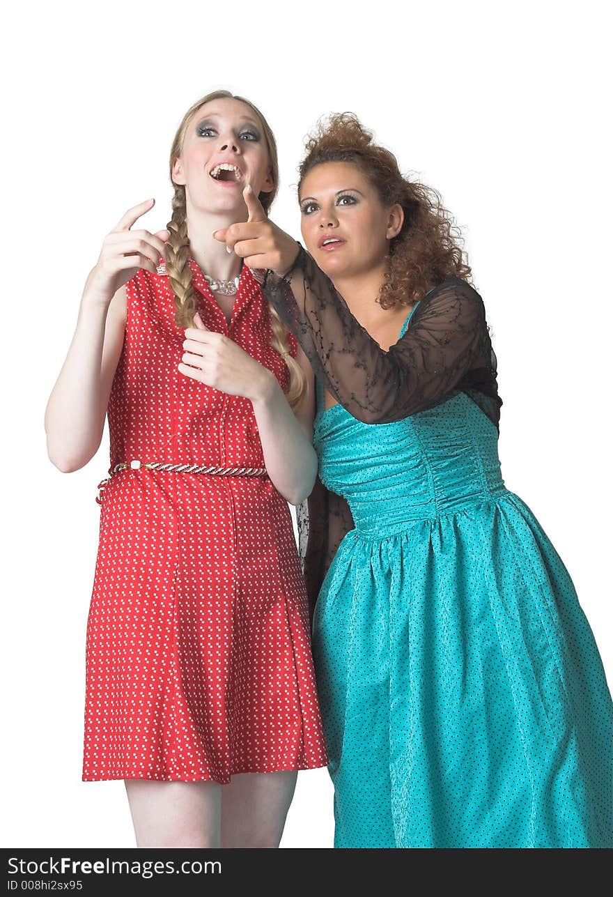 Two girls isolated on white background, making remarks about somebody. Two girls isolated on white background, making remarks about somebody