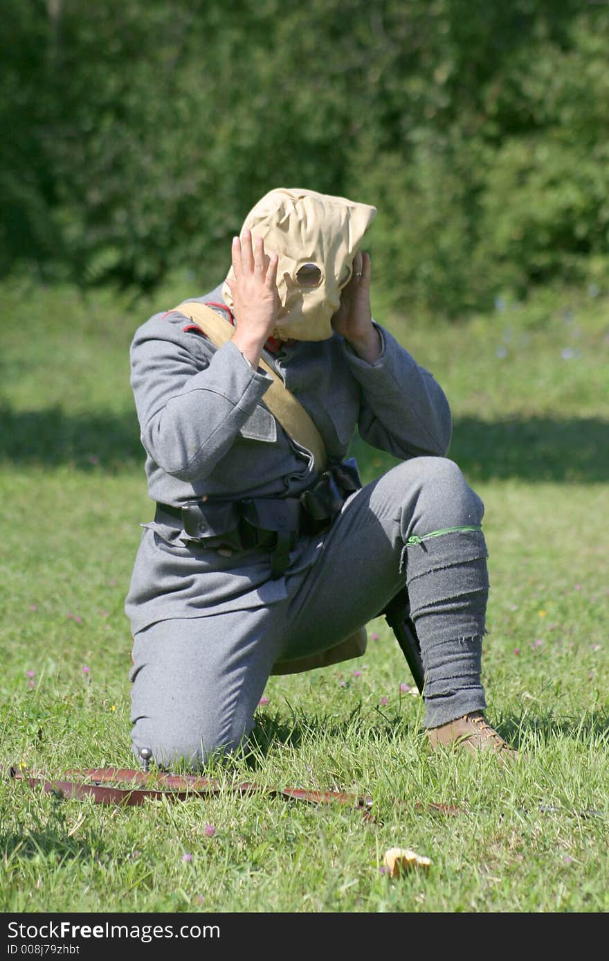 Soldier with gas mask in battle demonstrative show from first world war