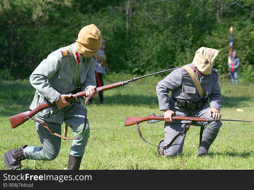 Soldiers with gas mask in battle demonstrative show from first world war