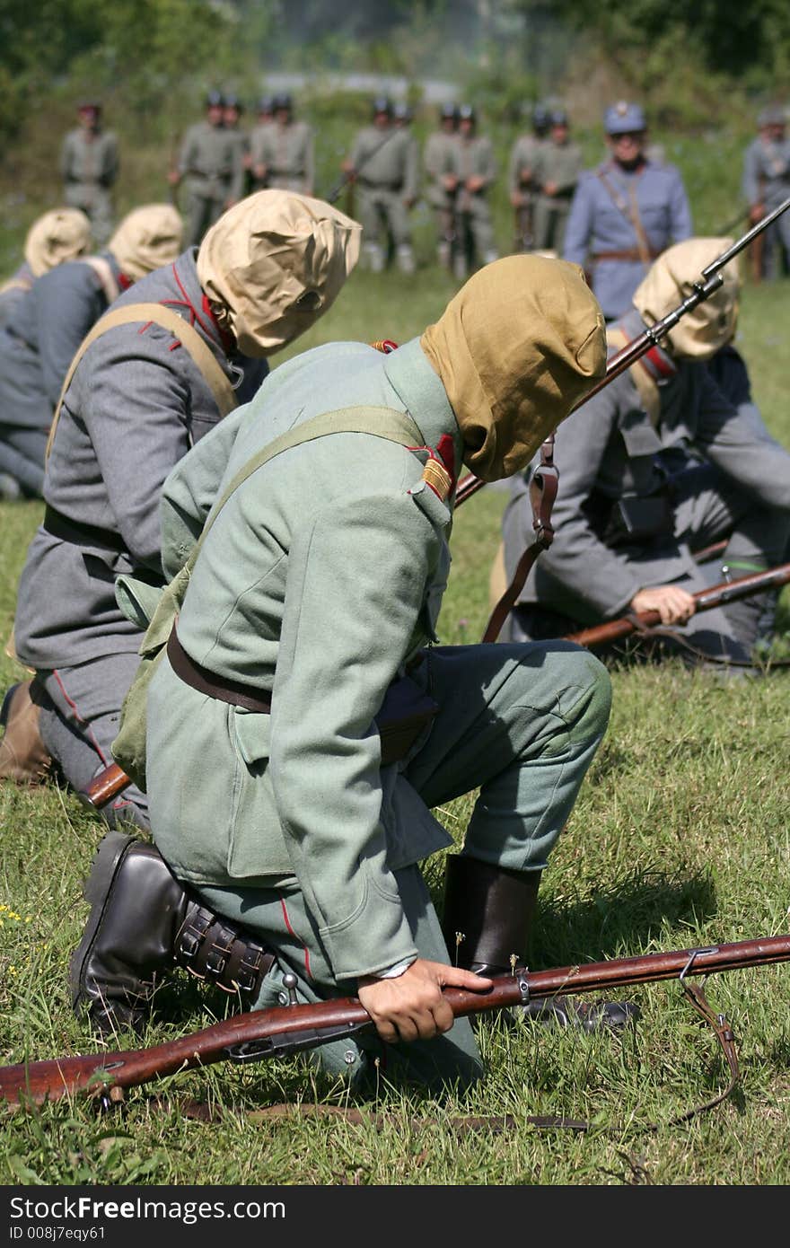 Soldiers with gas mask in battle demonstrative show from first world war. Soldiers with gas mask in battle demonstrative show from first world war