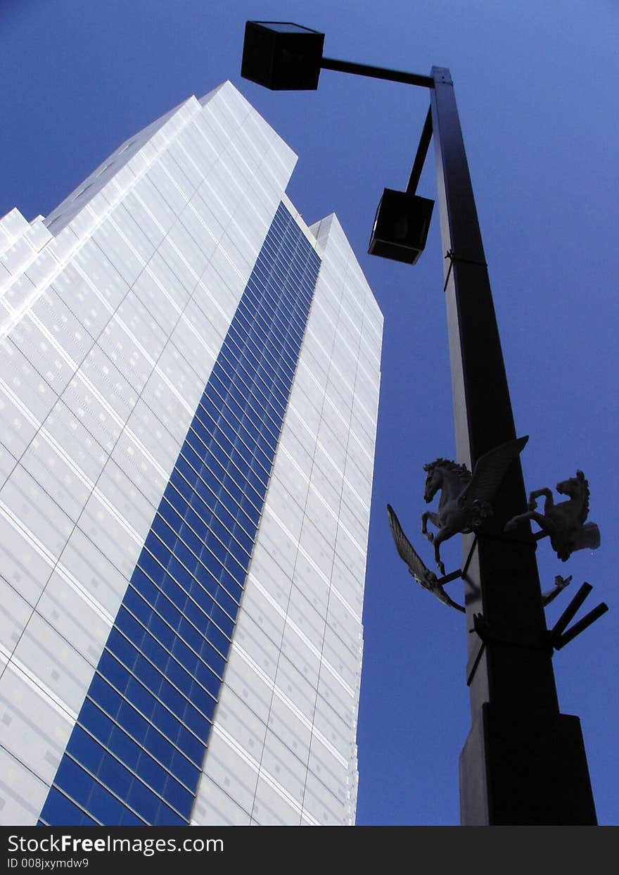 An office building with streetlight