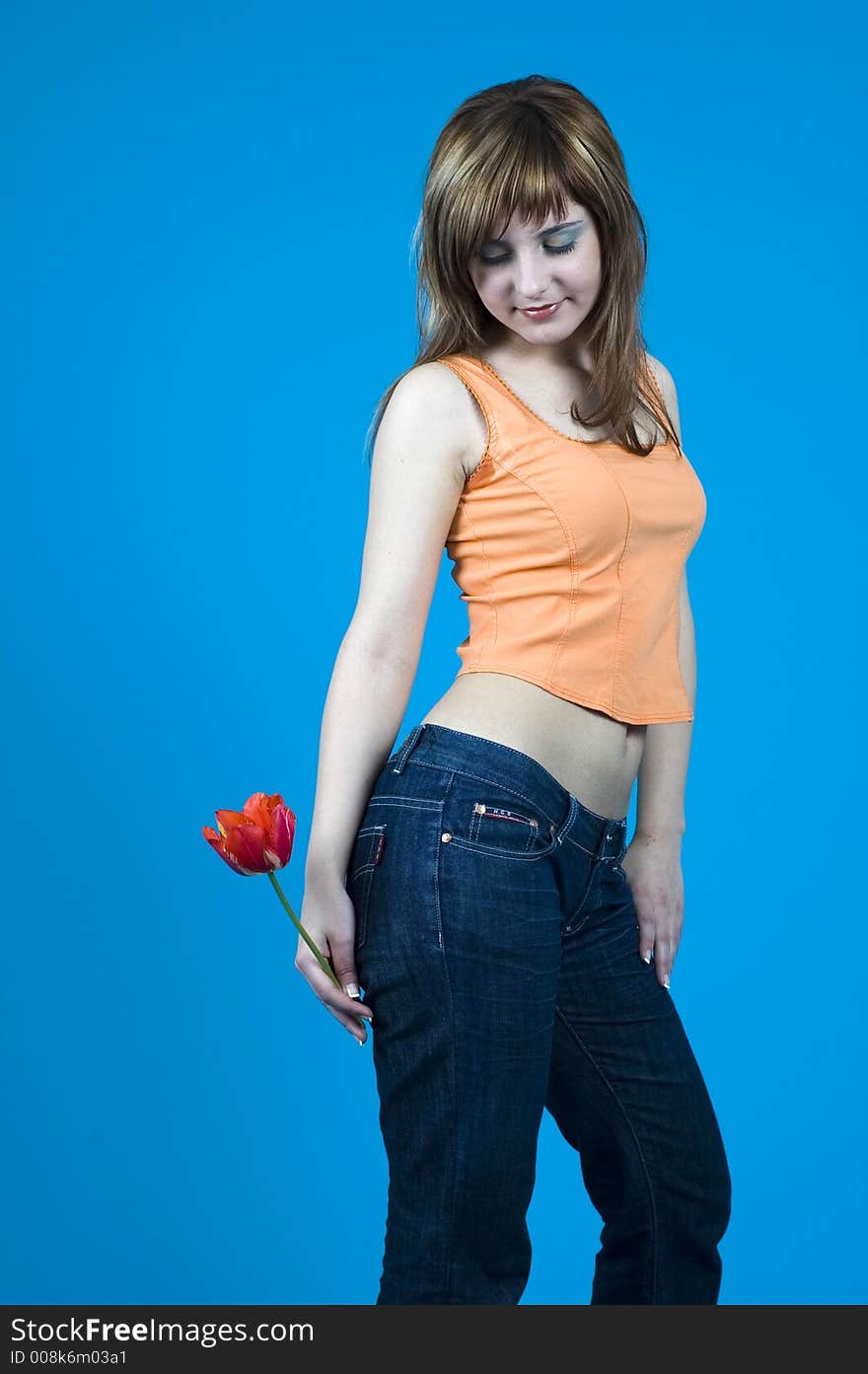 Young girl holding a red tulip in her hand and looking down, posing in a studio; isolated on blue background. Young girl holding a red tulip in her hand and looking down, posing in a studio; isolated on blue background