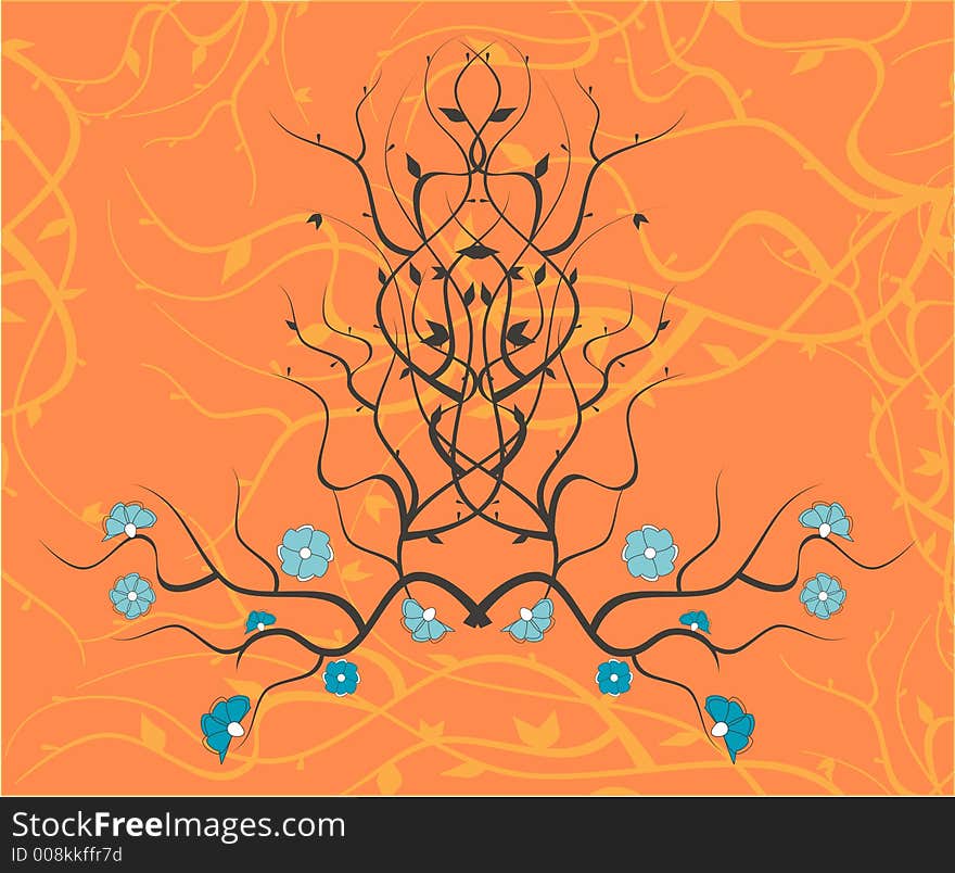 Two branch designs with flowers and leaves overlaid on free styled background with outlines. Two branch designs with flowers and leaves overlaid on free styled background with outlines