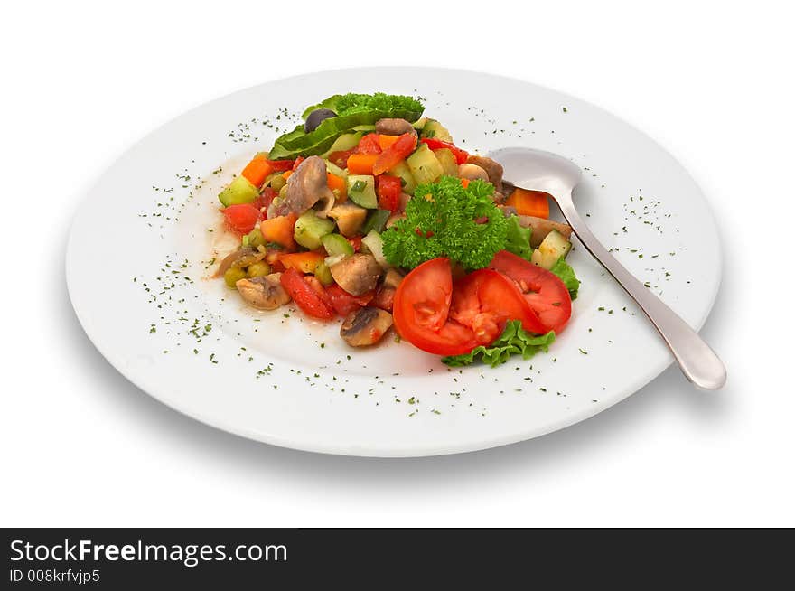 Mixed vegetable/mushroom salad. isolated.