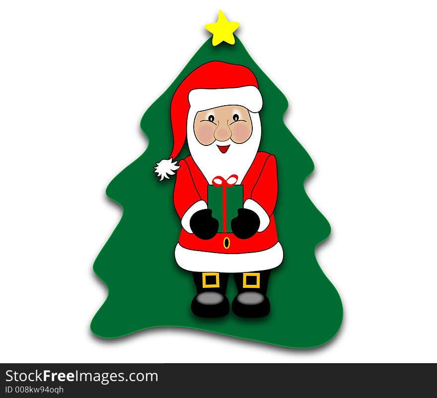 Misses Santa Holding a gift standing infront of a christmas tree isolated over a white background. Graphic. Misses Santa Holding a gift standing infront of a christmas tree isolated over a white background. Graphic.