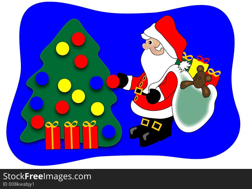 Santa Clause decorating a Christmas tree holding a bag full of presents over a blue background. Graphic.