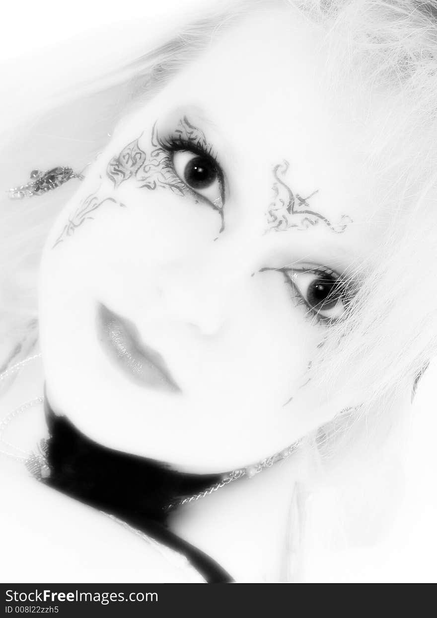 Black and White of 17 year old goth teen girl with blonde hair, blue eyes. Black and White of 17 year old goth teen girl with blonde hair, blue eyes.