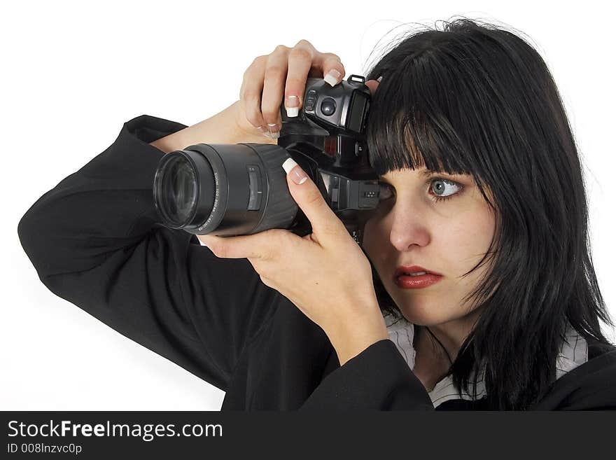 Woman with camera over white background. Woman with camera over white background.