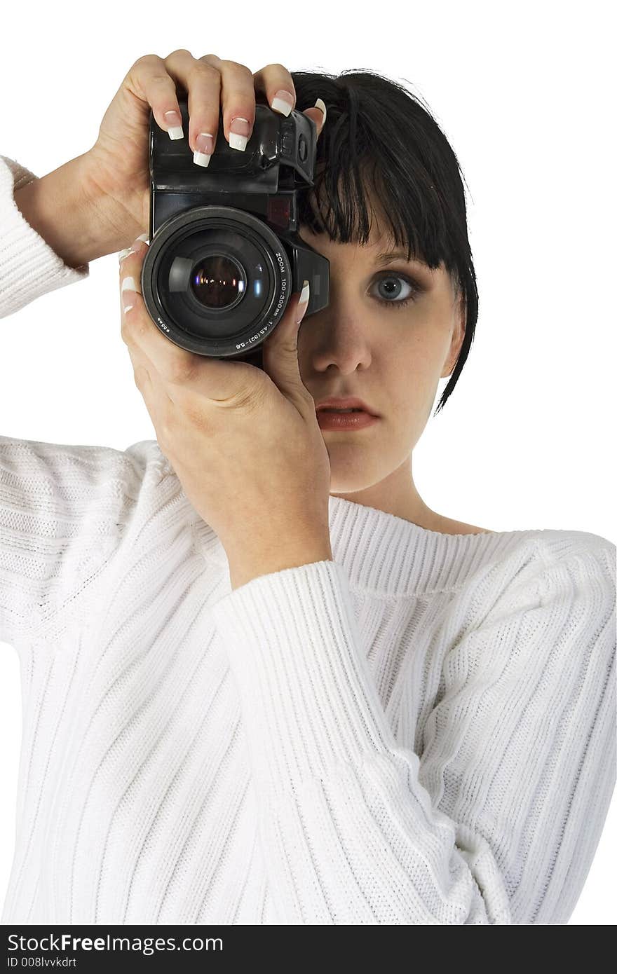 Young woman with film slr camera. Young woman with film slr camera.