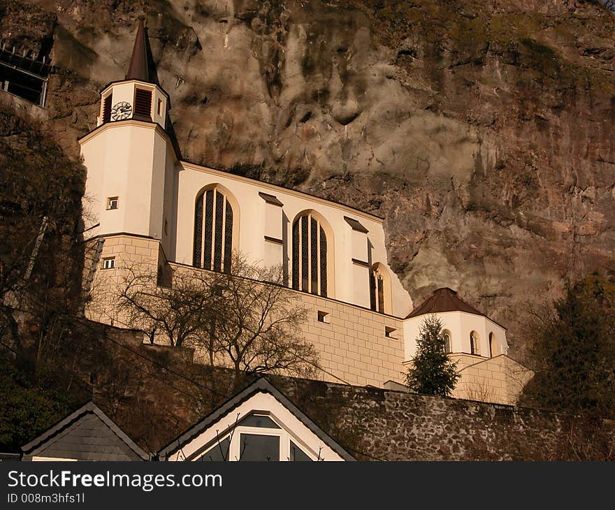 A view of the Church in the Rock in Idar-Oberstein, Germany.  This building was built entirely inside the hill over-looking the twin cities.