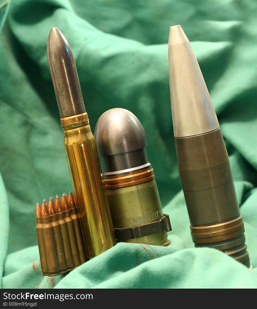 Various sizes of bullets and large projectiles. Various sizes of bullets and large projectiles