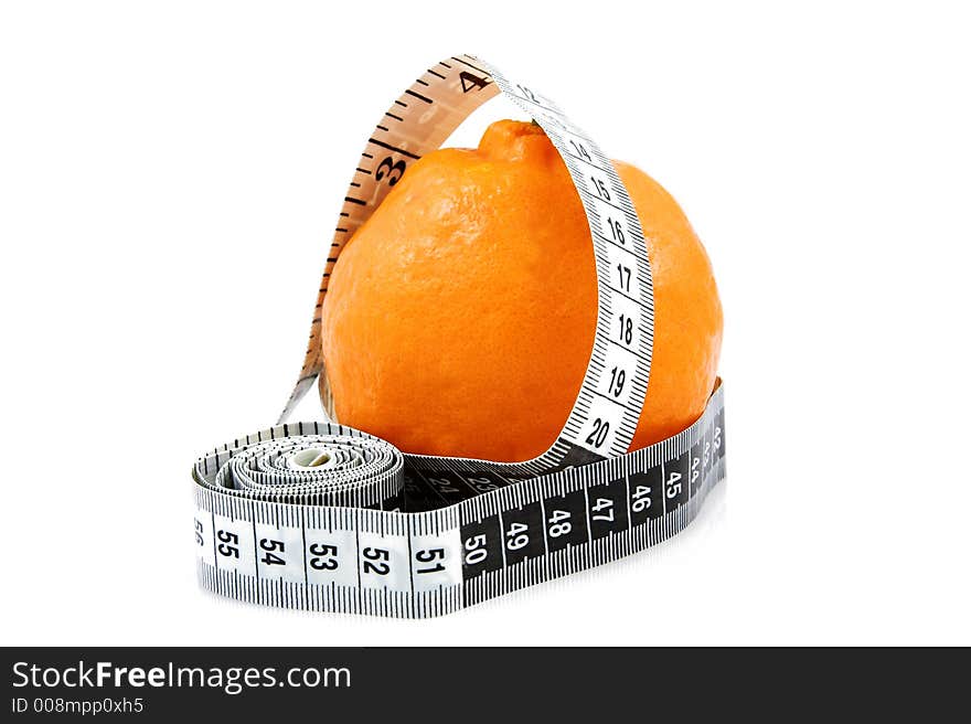 Orange naartjie with measuring tape around it on white background. Copy space. Orange naartjie with measuring tape around it on white background. Copy space.