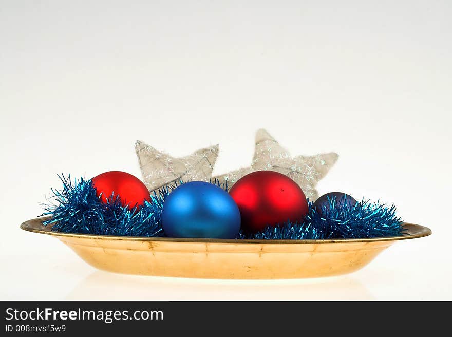 Christmas decoration elements balls, garland and stars on white. Christmas decoration elements balls, garland and stars on white